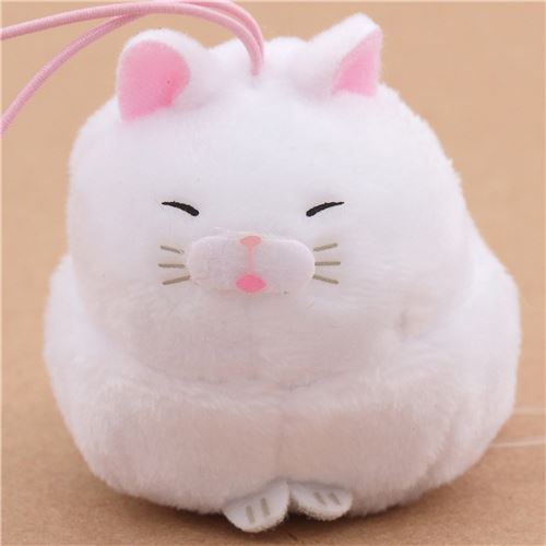 small white cat pink ear with pink strap Puchimaru plush charm - modeS4u